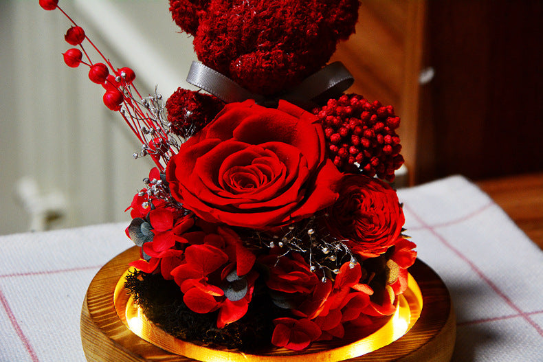 Valentine's Day Gift for Girlfriend Eternal Preserved Rose Flower Gift Box Teddy Bear Eternal Flower with Lights Gift for Women