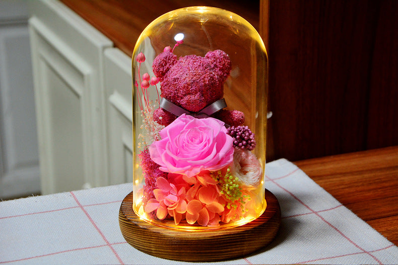 Valentine's Day Gift for Girlfriend Eternal Preserved Rose Flower Gift Box Teddy Bear Eternal Flower with Lights Gift for Women