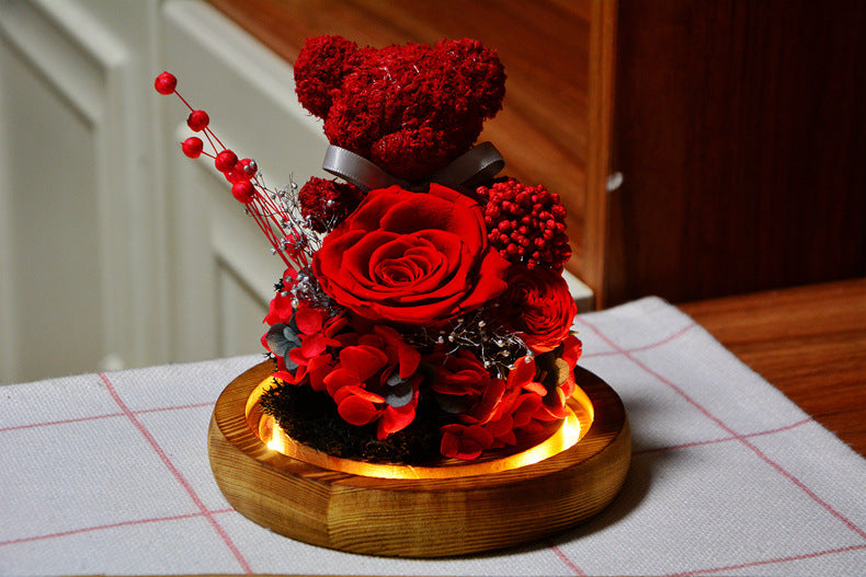 Valentine's Day Gift for Girlfriend Eternal Preserved Rose Flower Gift Box Teddy Bear Eternal Flower with Lights Gift for Women