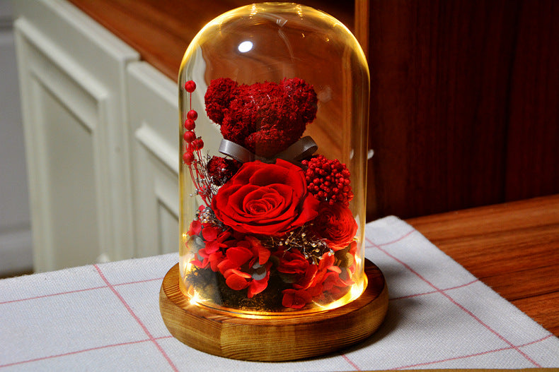 Valentine's Day Gift for Girlfriend Eternal Preserved Rose Flower Gift Box Teddy Bear Eternal Flower with Lights Gift for Women