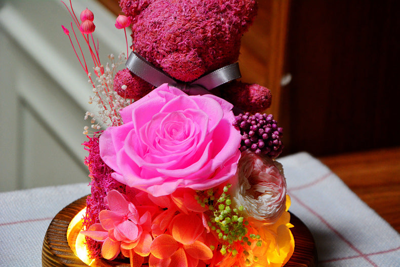 Valentine's Day Gift for Girlfriend Eternal Preserved Rose Flower Gift Box Teddy Bear Eternal Flower with Lights Gift for Women