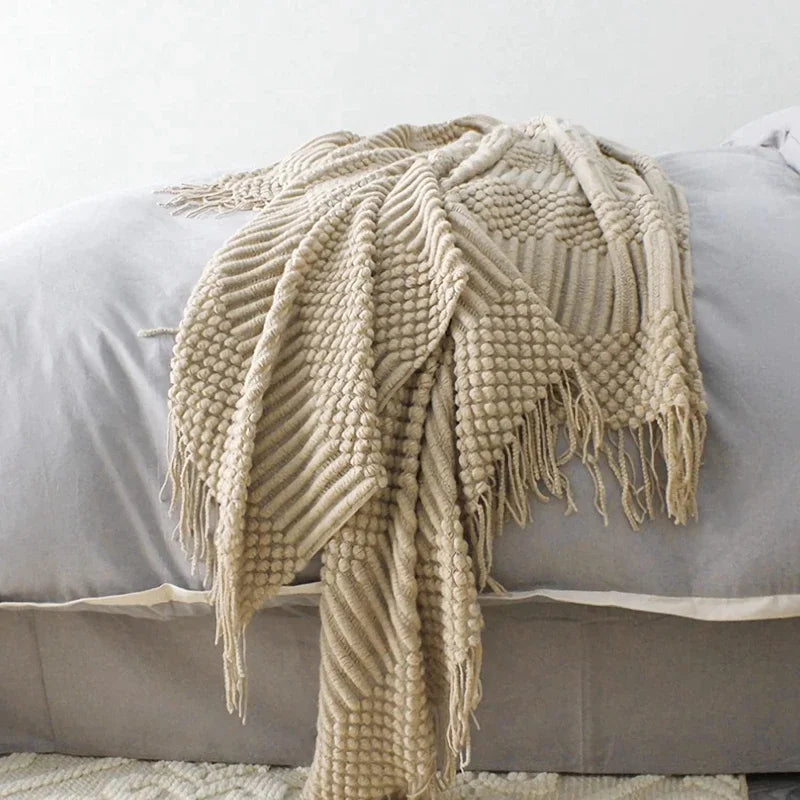 Pink Knitted Throw Blankets with Tassels Jacquard Textured Boho All-Season Vintage Chunky Cozy Gift Blankets Manta Para Sofá