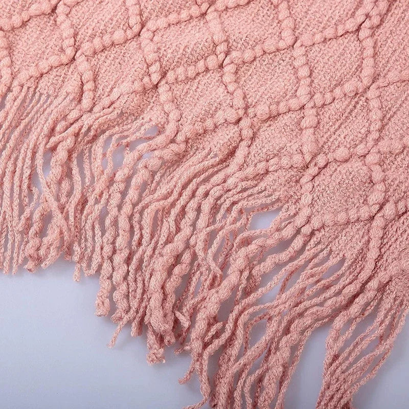 Pink Knitted Throw Blankets with Tassels Jacquard Textured Boho All-Season Vintage Chunky Cozy Gift Blankets Manta Para Sofá