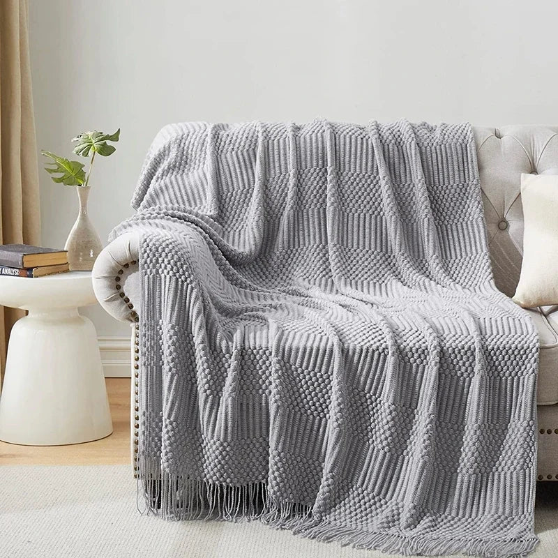 Pink Knitted Throw Blankets with Tassels Jacquard Textured Boho All-Season Vintage Chunky Cozy Gift Blankets Manta Para Sofá