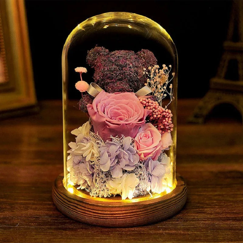Valentine's Day Gift for Girlfriend Eternal Preserved Rose Flower Gift Box Teddy Bear Eternal Flower with Lights Gift for Women