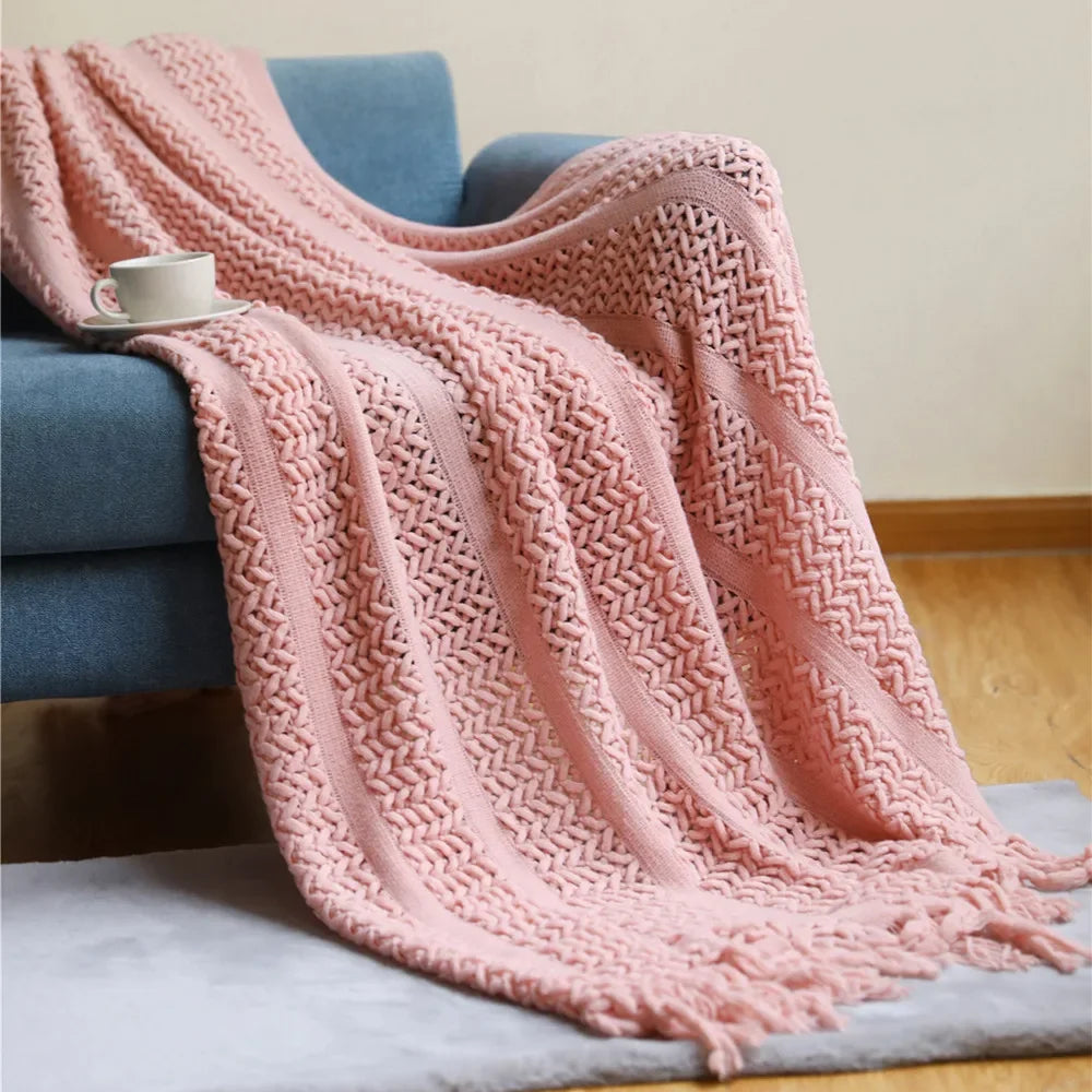 Pink Knitted Throw Blankets with Tassels Jacquard Textured Boho All-Season Vintage Chunky Cozy Gift Blankets Manta Para Sofá