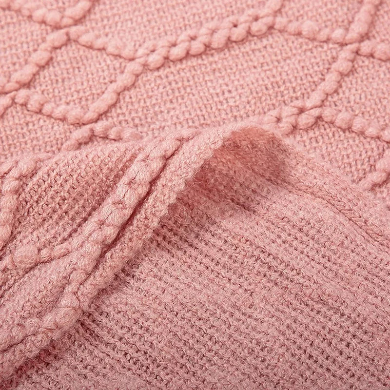 Pink Knitted Throw Blankets with Tassels Jacquard Textured Boho All-Season Vintage Chunky Cozy Gift Blankets Manta Para Sofá