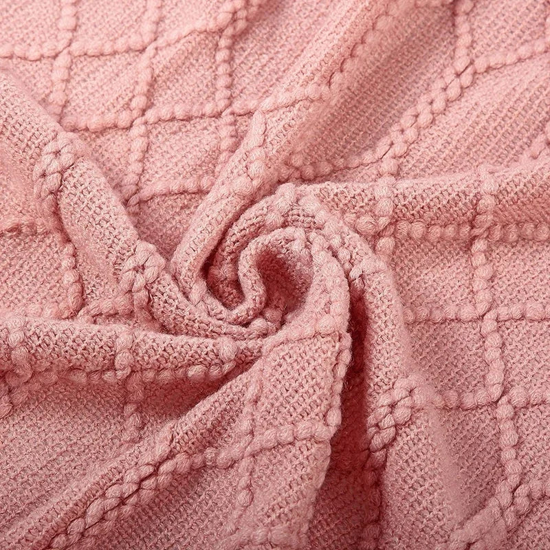 Pink Knitted Throw Blankets with Tassels Jacquard Textured Boho All-Season Vintage Chunky Cozy Gift Blankets Manta Para Sofá