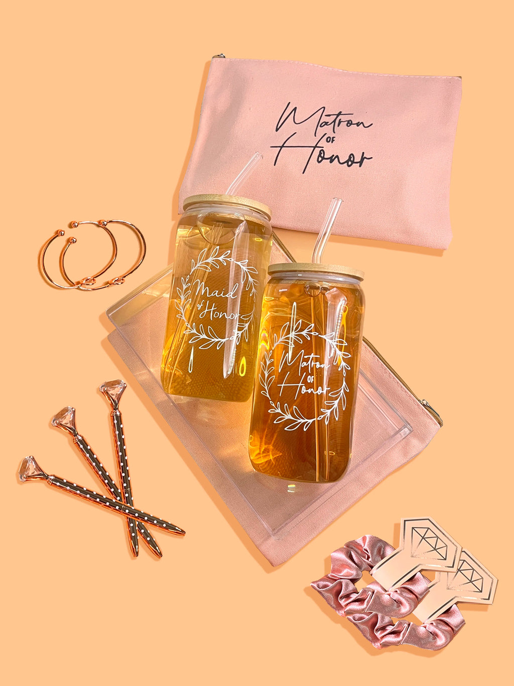 Bridesmaid Proposal Wedding Gifts Set Maid of Honor Gifts Bridal Shower 16oz Glass Cups Cosmetic Makeup Bags