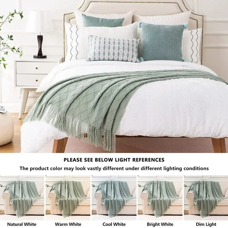 Pink Knitted Throw Blankets with Tassels Jacquard Textured Boho All-Season Vintage Chunky Cozy Gift Blankets Manta Para Sofá