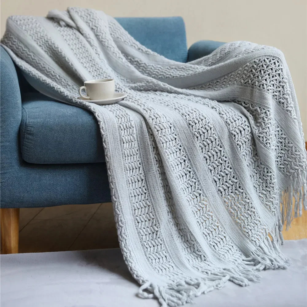 Pink Knitted Throw Blankets with Tassels Jacquard Textured Boho All-Season Vintage Chunky Cozy Gift Blankets Manta Para Sofá