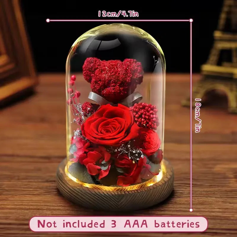Valentine's Day Gift for Girlfriend Eternal Preserved Rose Flower Gift Box Teddy Bear Eternal Flower with Lights Gift for Women