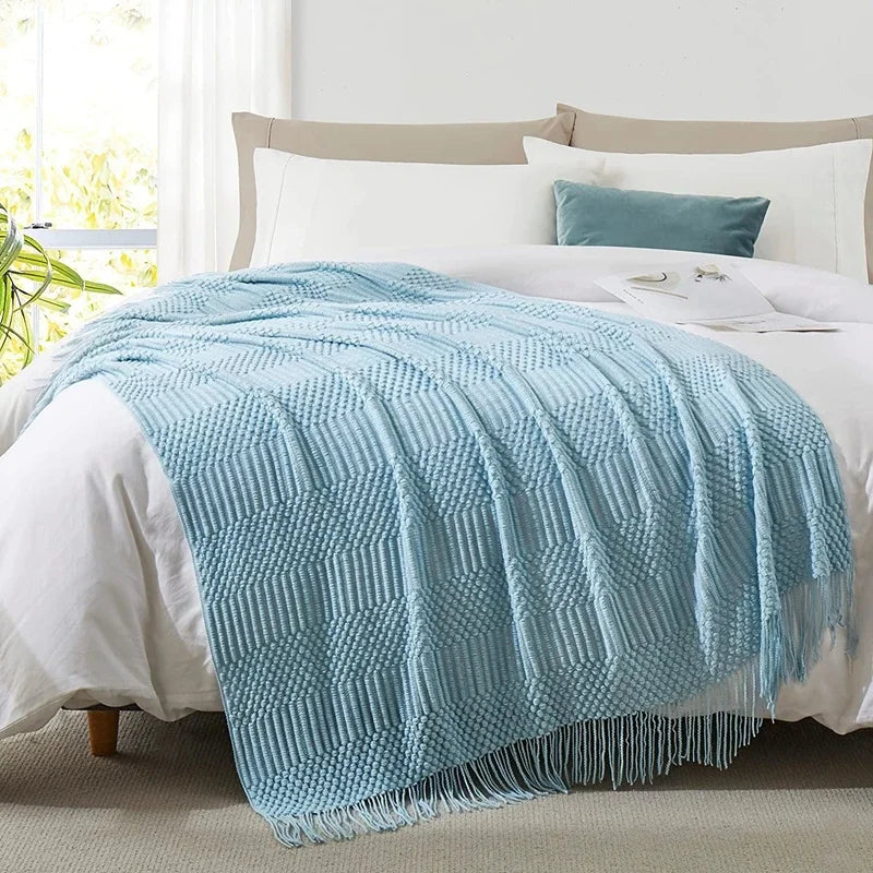 Pink Knitted Throw Blankets with Tassels Jacquard Textured Boho All-Season Vintage Chunky Cozy Gift Blankets Manta Para Sofá