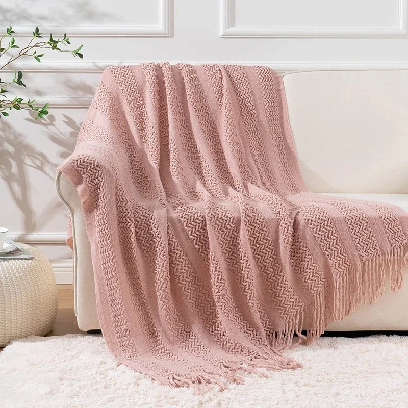 Pink Knitted Throw Blankets with Tassels Jacquard Textured Boho All-Season Vintage Chunky Cozy Gift Blankets Manta Para Sofá