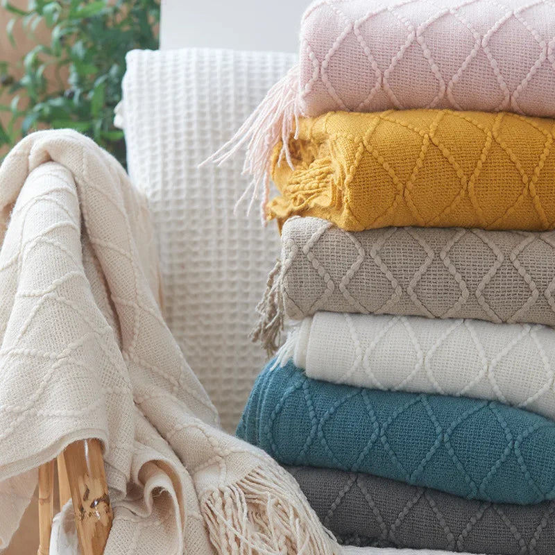 Pink Knitted Throw Blankets with Tassels Jacquard Textured Boho All-Season Vintage Chunky Cozy Gift Blankets Manta Para Sofá