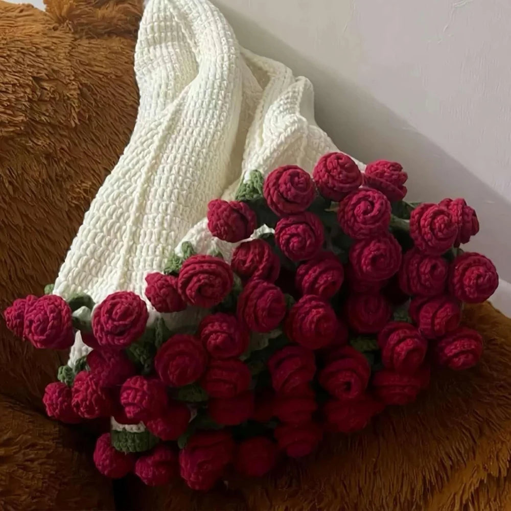 Finished Flower Bouquet Blanket Soft and Lightweight Knitted Throw Blankets for Birthday Wedding Valentine’s Day Home Decor