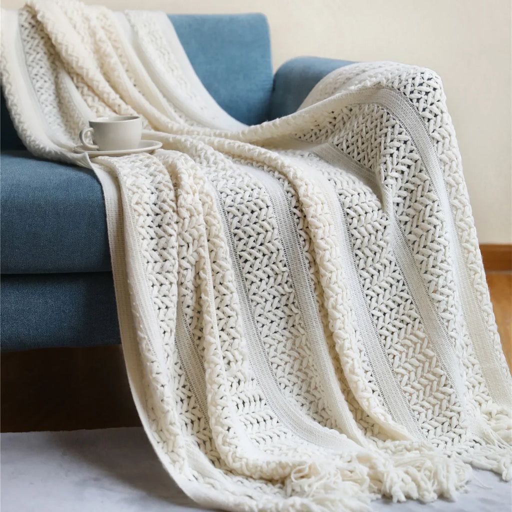 Pink Knitted Throw Blankets with Tassels Jacquard Textured Boho All-Season Vintage Chunky Cozy Gift Blankets Manta Para Sofá