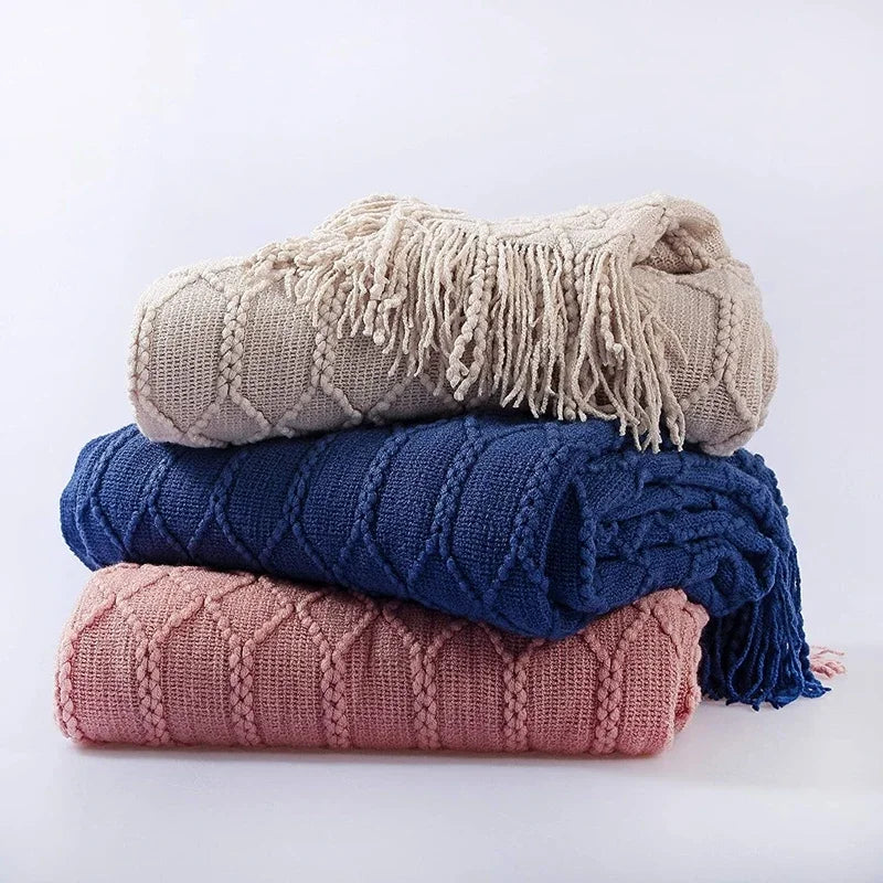 Pink Knitted Throw Blankets with Tassels Jacquard Textured Boho All-Season Vintage Chunky Cozy Gift Blankets Manta Para Sofá