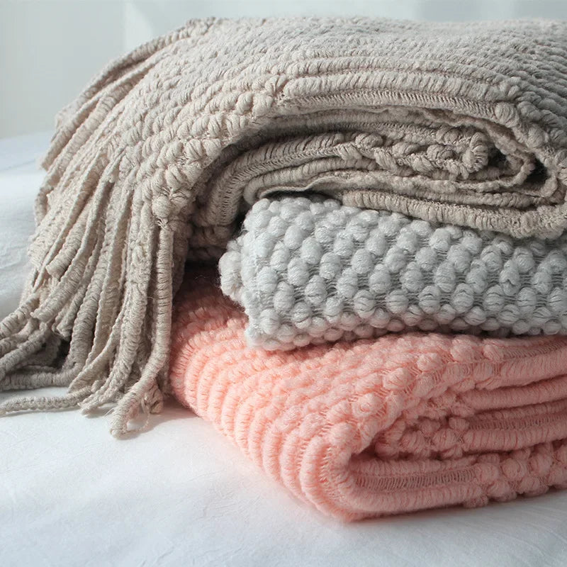 Pink Knitted Throw Blankets with Tassels Jacquard Textured Boho All-Season Vintage Chunky Cozy Gift Blankets Manta Para Sofá