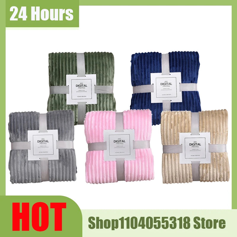 Striped Flannel Blankets For Beds Solid Pink Blue Color Soft Warm Mink Throw Sofa Cover Bedspread Beach Airplane Travel Blankets