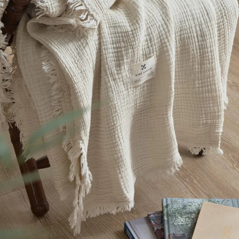 Soft Cotton Blankets Four Layers Of Gauze Sofa Cover Throw Blanket with Tassel Office home Decorative all season