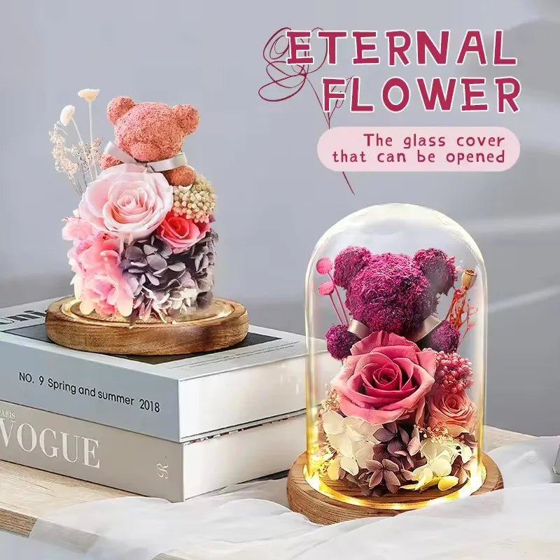 Valentine's Day Gift for Girlfriend Eternal Preserved Rose Flower Gift Box Teddy Bear Eternal Flower with Lights Gift for Women