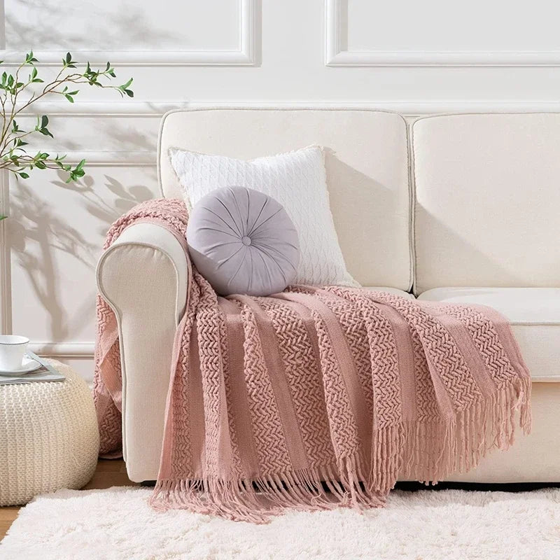 Pink Knitted Throw Blankets with Tassels Jacquard Textured Boho All-Season Vintage Chunky Cozy Gift Blankets Manta Para Sofá