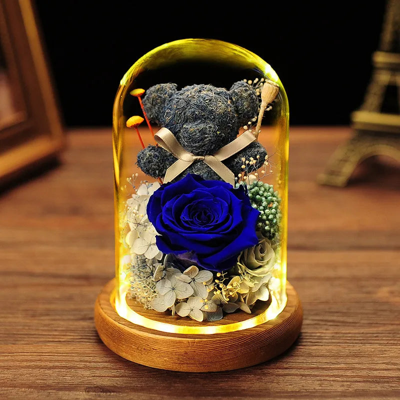 Valentine's Day Gift for Girlfriend Eternal Preserved Rose Flower Gift Box Teddy Bear Eternal Flower with Lights Gift for Women