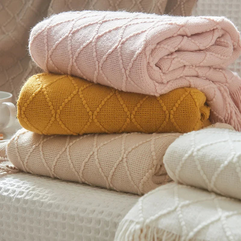 Pink Knitted Throw Blankets with Tassels Jacquard Textured Boho All-Season Vintage Chunky Cozy Gift Blankets Manta Para Sofá